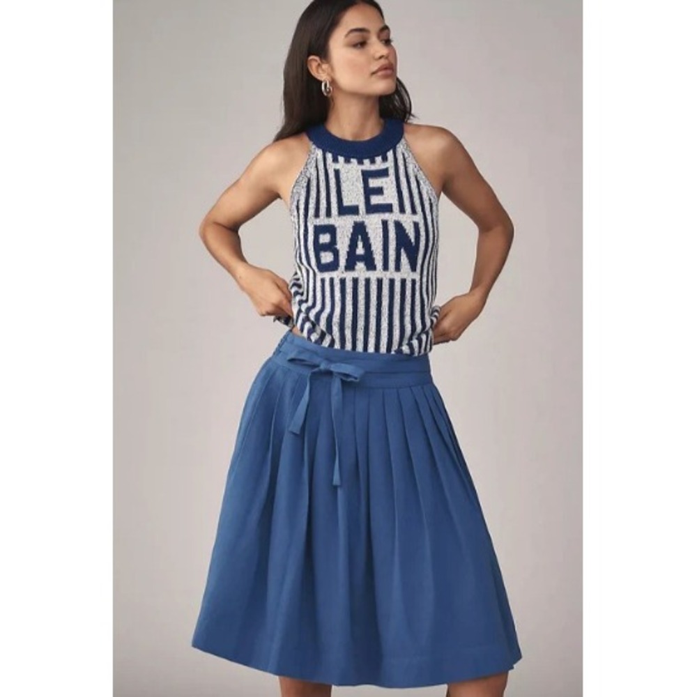 Anthropologie Maeve Blue Smocked Waist Skirt Lined Pockets Preppy Coastal‎ 4